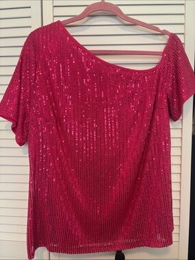 SHEIN Hot Pink Sequin Short Sleeve Top